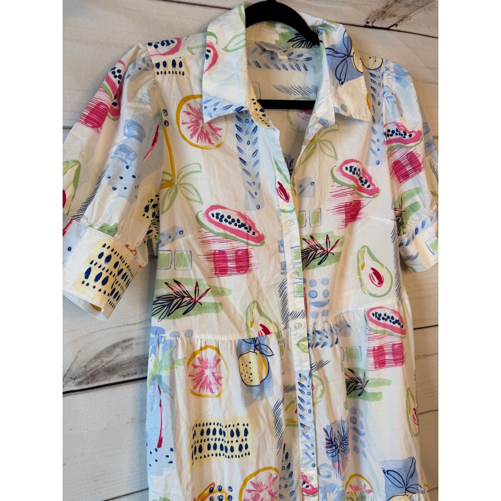 Crown & Ivy Womens Tropical Fruit Print Tiered Midi Shirt Dress White Large - Picture 2 of 5